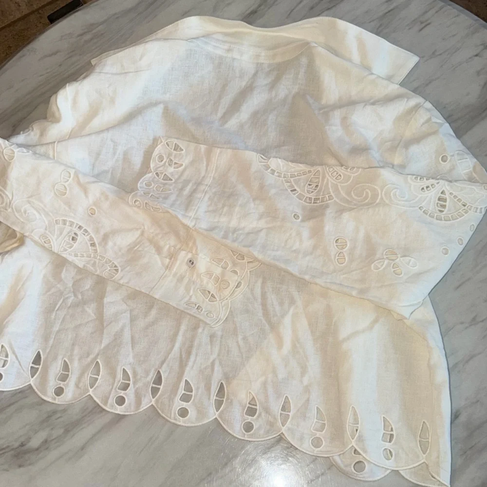 Christian Lacroix Womens White Linen Blend Eyelet Summer Button-Down Shirt EUC M - Picture 3 of 5